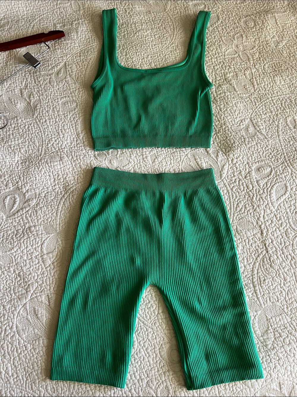 Zara Green Ribbed Bike Shorts and Crop Tank Set